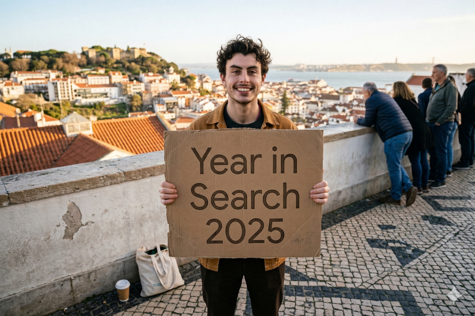 AI-generated photo of a man at a Lisbon viewpoint holding a cardboard 'Year in Search 2025' sign, created with Nano Banana Pro from a licensed stock portrait.